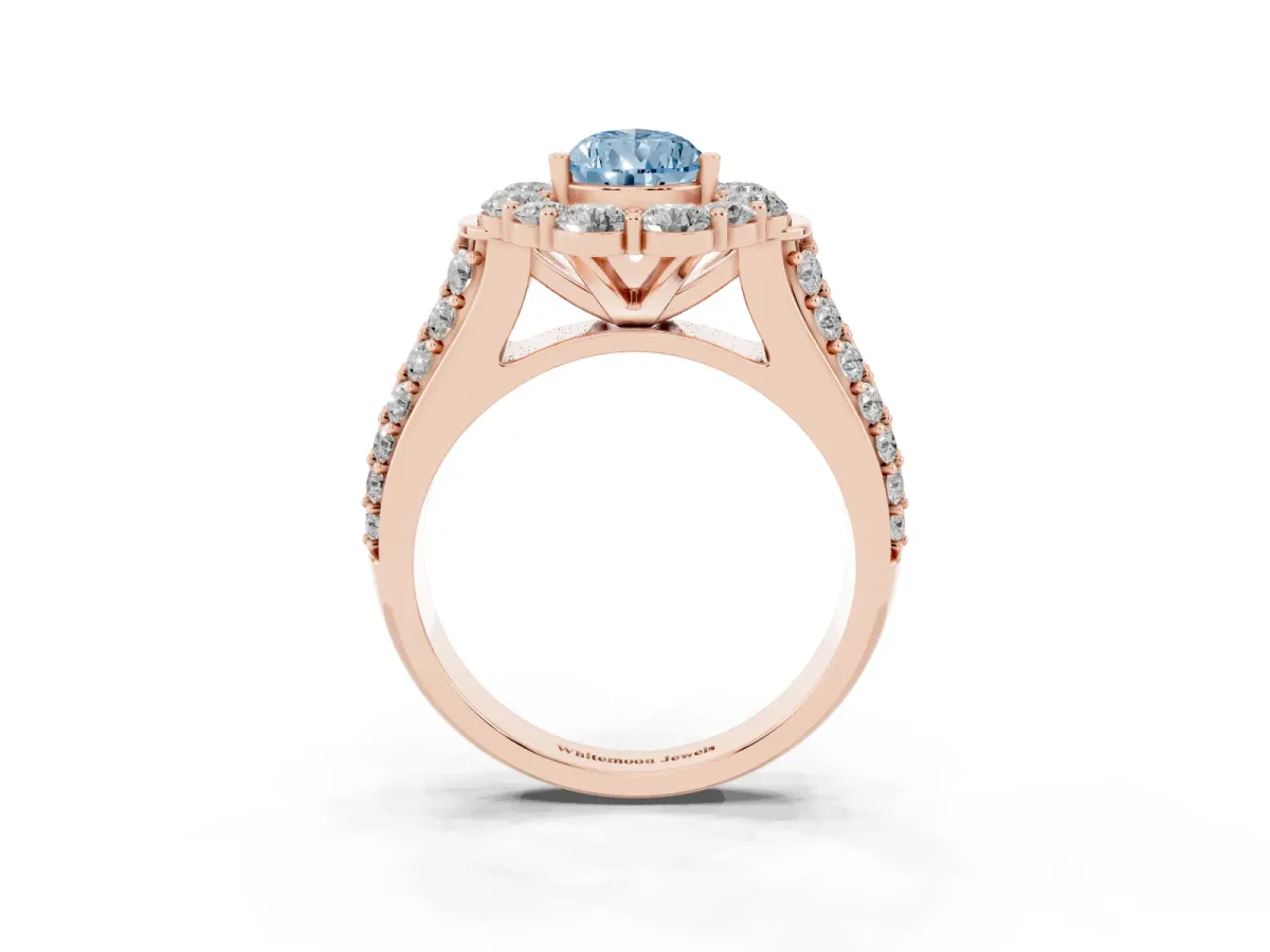Fancy Blue Pear Cut Halo Diamond Engagement Ring with Split Shank and Prong Setting Rose gold