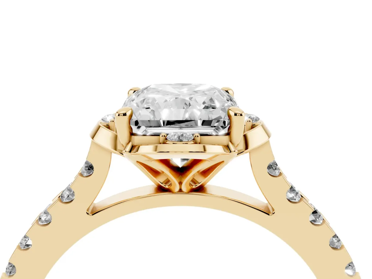 Radiant Cut Diamond Ring with Pavé Band and Floral Prong Setting Yellow gold