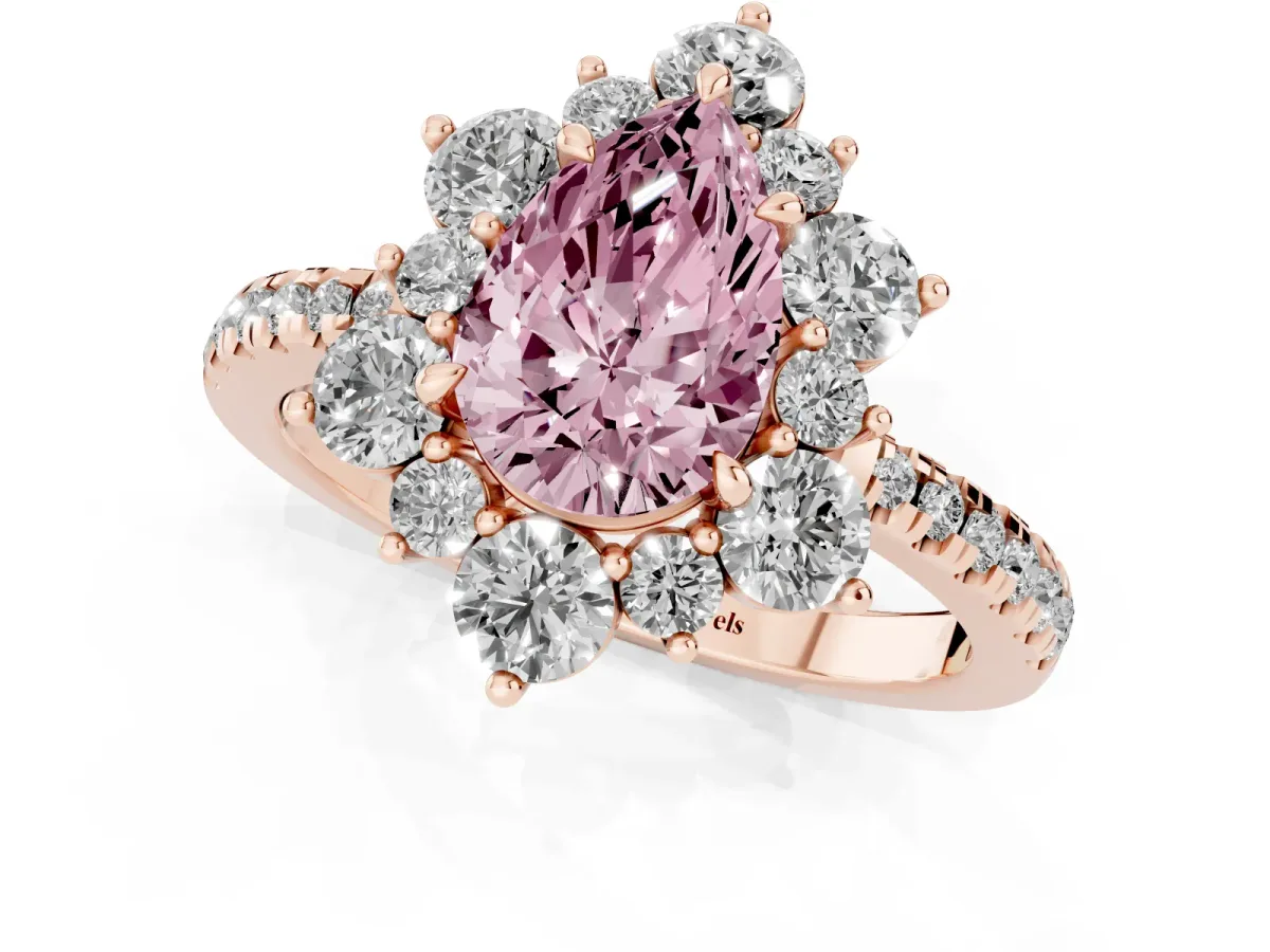 Fancy Pink Pear Cut Diamond Floral Halo Ring with Round Pavé Band and Prong Setting Rose gold