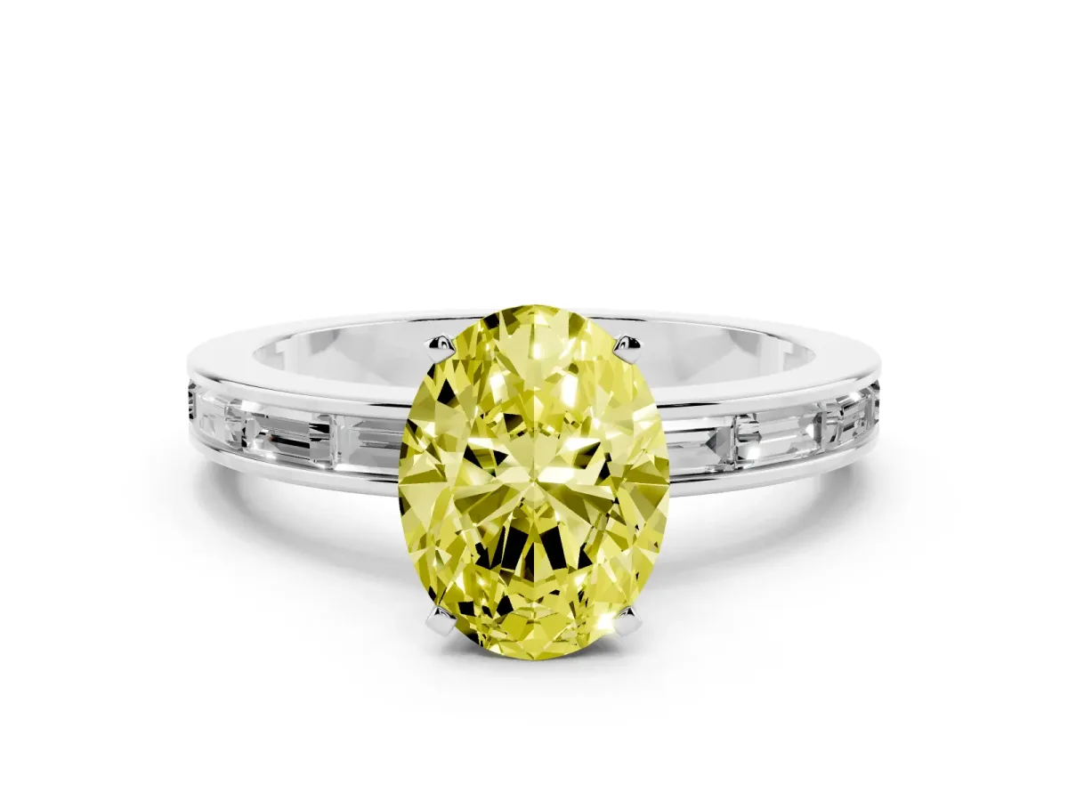 Fancy Yellow Oval Cut Solitaire Diamond Ring with Channel-Set Baguette Band and Four-Prong Setting Silver