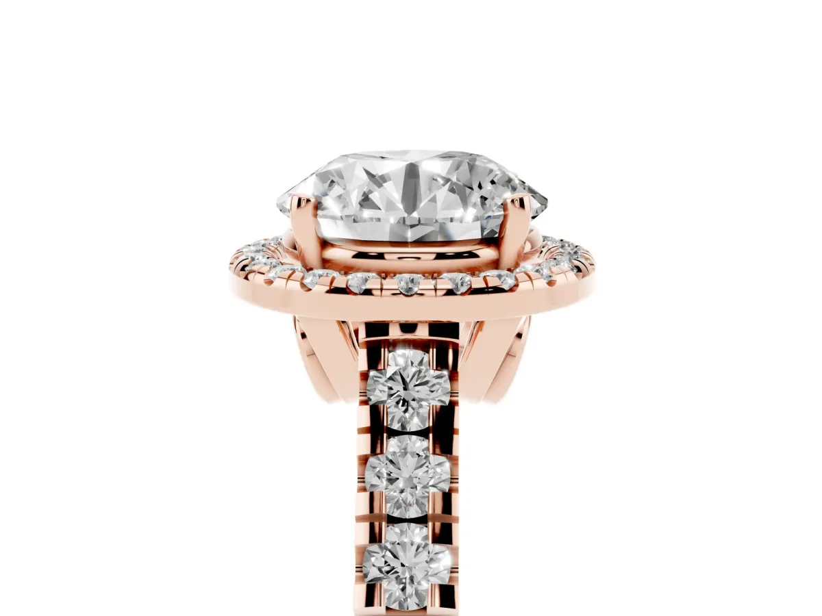 Round Cut Halo Pavé Diamond Engagement Ring with Four-Prong Setting Rose gold