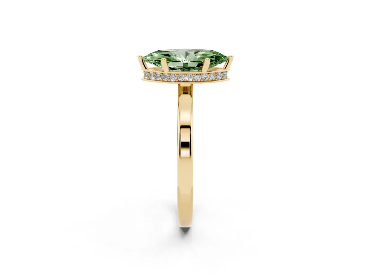 Fancy Green Marquise Cut Cut Solitaire Engagement Ring with Four-Prong Setting on a Classic Band Yellow gold