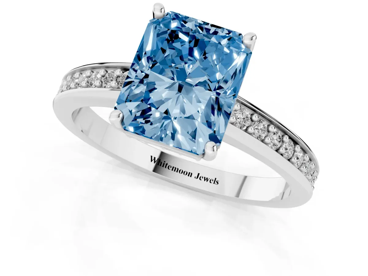Fancy Blue Radiant Cut Solitaire Pavé Band Prong Setting Ring Platinum