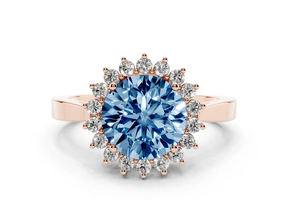 Fancy Blue Round Cut Cut Diamond Halo Ring with Round Brilliant Halo and Solitaire Band Rose gold