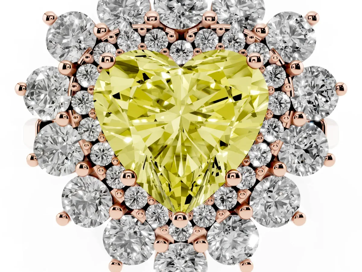 Fancy Yellow Heart Cut Diamond Floral Double Halo Engagement Ring with Prong Setting Rose gold
