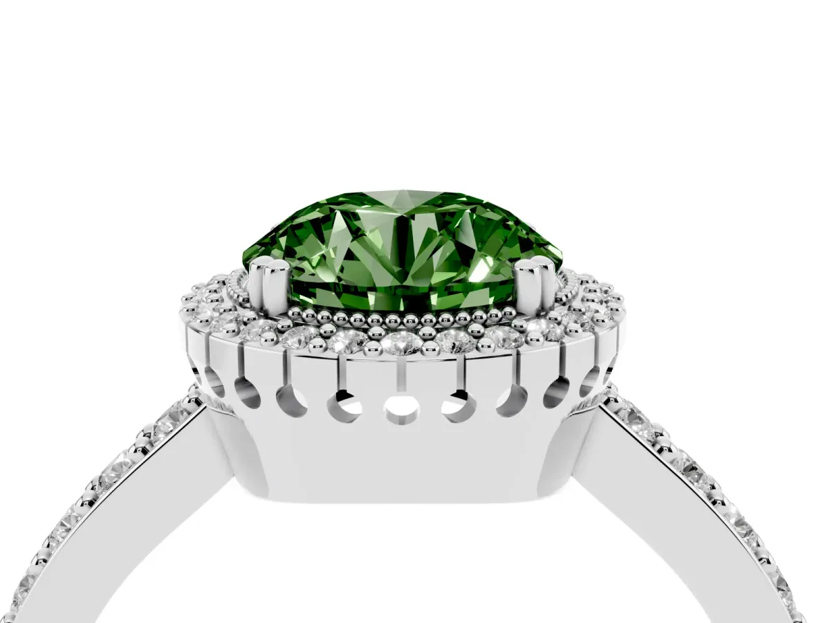 Fancy Green Round Cut Cut Diamond Halo Engagement Ring with Milgrain Detail and Pavé Band Platinum