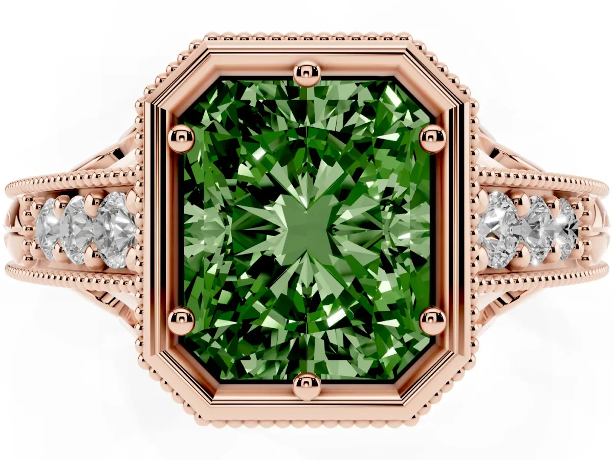 Fancy Green Bezel Set Radiant Cut Diamond Milgrain Pave Engagement Ring Rose gold