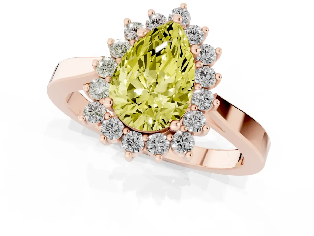 Fancy Yellow Pear Cut Cut Diamond Halo Ring with Round Brilliant Halo and Solitaire Band Rose gold