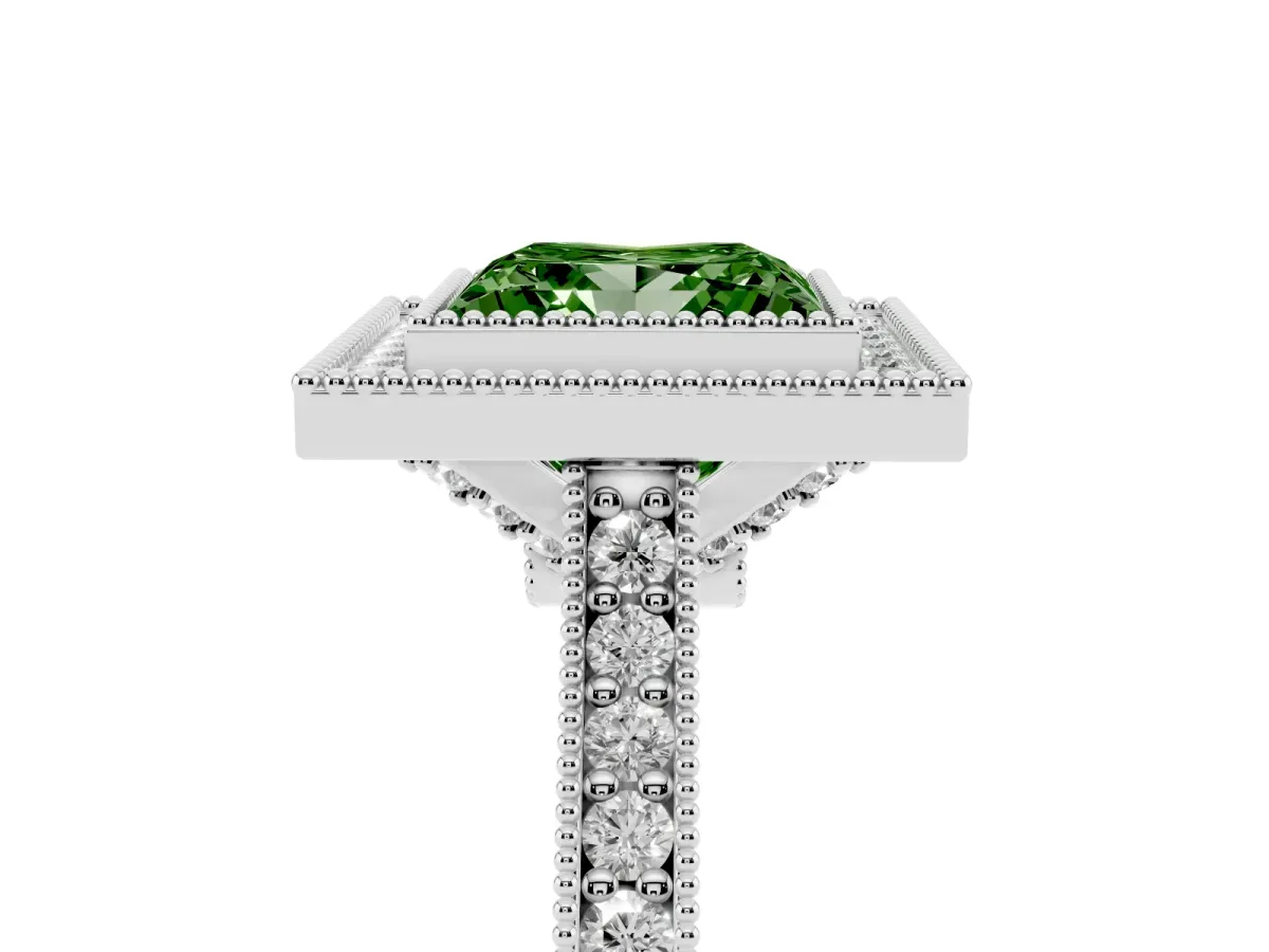 Fancy Green Halo Princess Cut-Cut Diamond Pave Band Milgrain Prong Setting Ring Silver