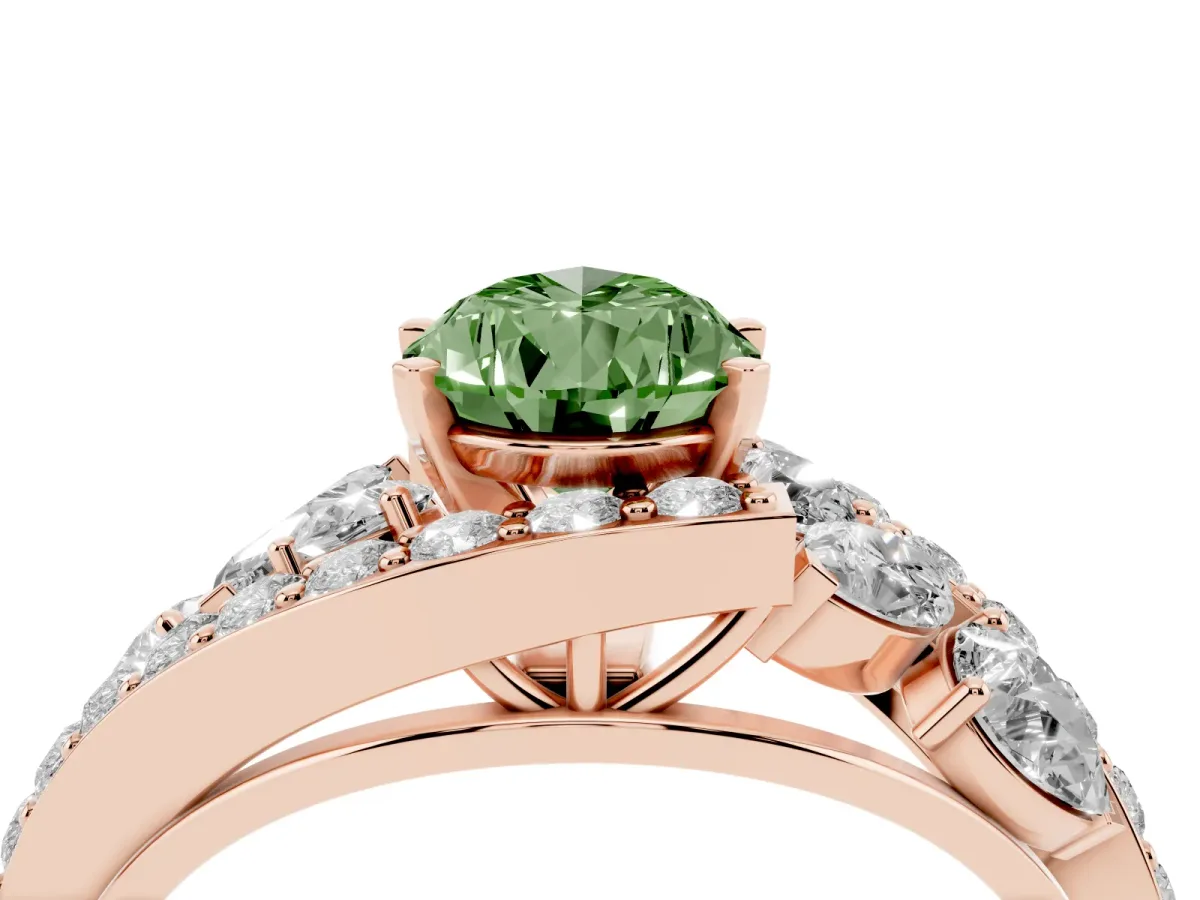 Fancy Green Pear Cut Diamond Halo Ring with Marquise and Pavé Band in Prong Setting Rose gold