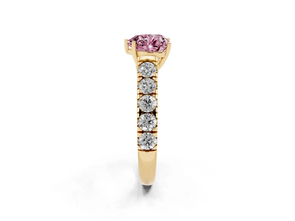 Fancy Pink Heart Cut Cut Diamond Solitaire Ring with Micro Pave Band and Prong Setting Yellow gold