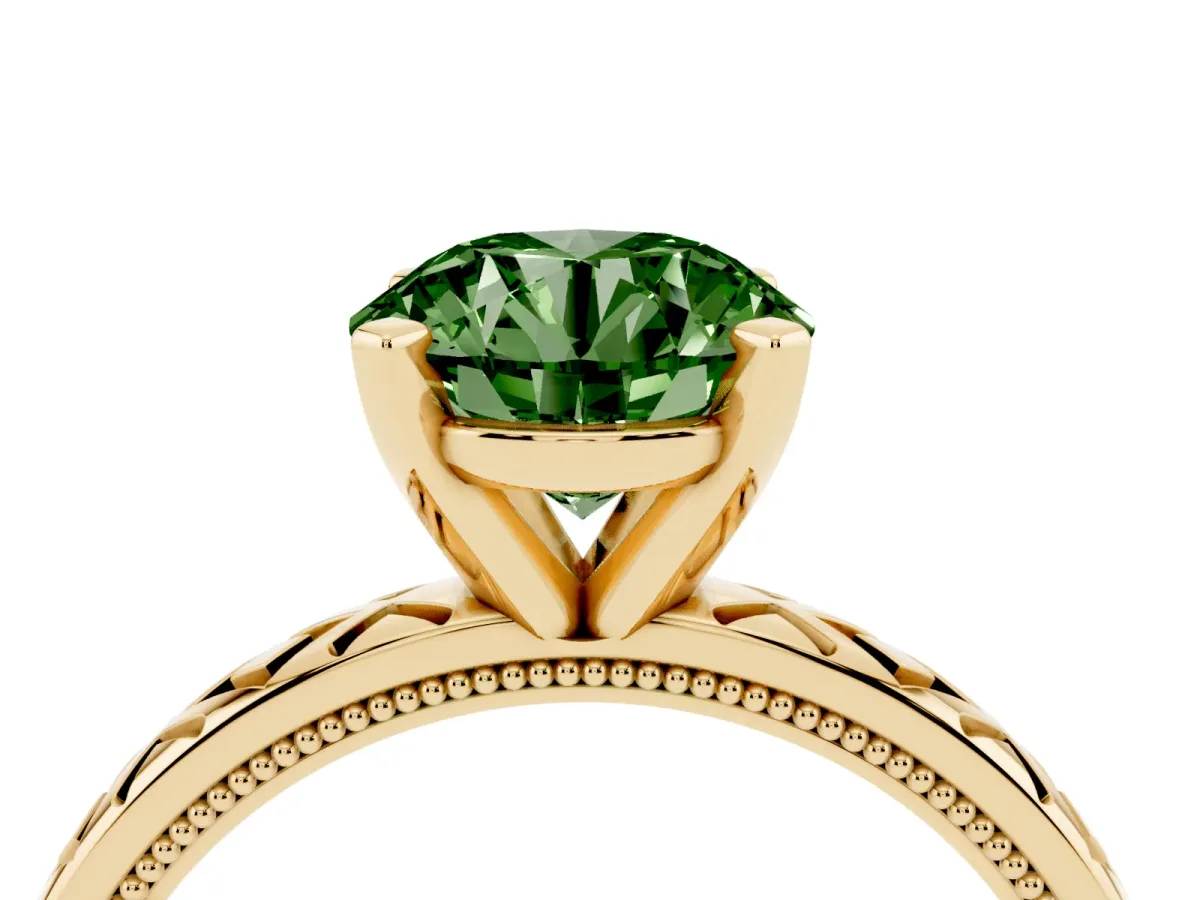 Fancy Green Round Cut Solitaire Diamond Ring with Milgrain and Black Enamel X Pattern Band Yellow gold