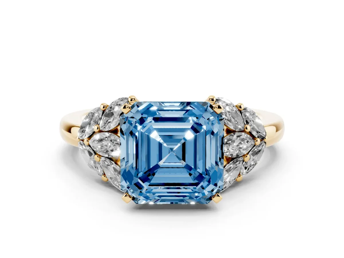 Fancy Blue Asscher Cut Diamond Cluster Leaf Design Ring with Prong Setting Yellow gold