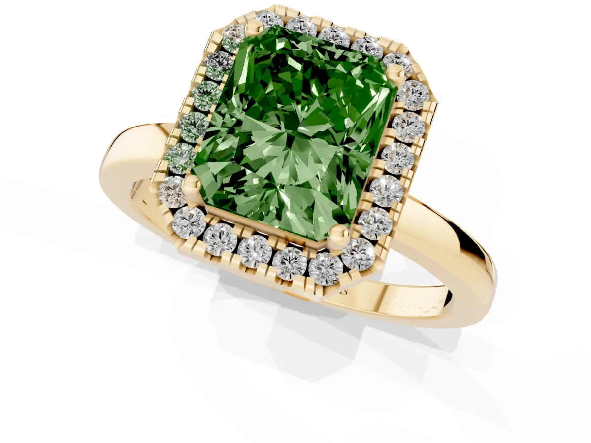 Fancy Green Radiant Cut Halo Diamond Solitaire with Pavé Band and Four-Prong Setting Yellow gold