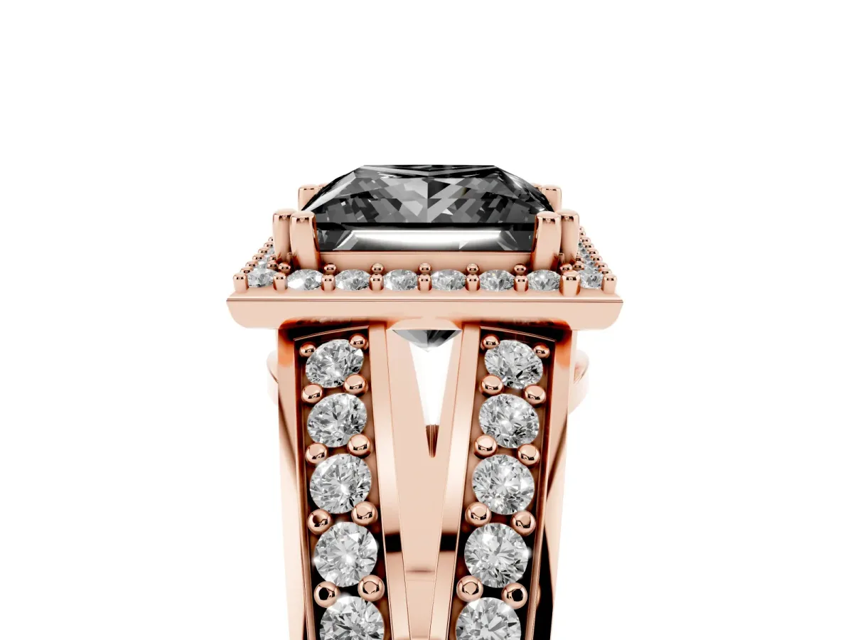 Fancy Black Princess Cut Diamond Halo Ring with Split Shank Pavé Band and Four-Prong Setting Rose gold