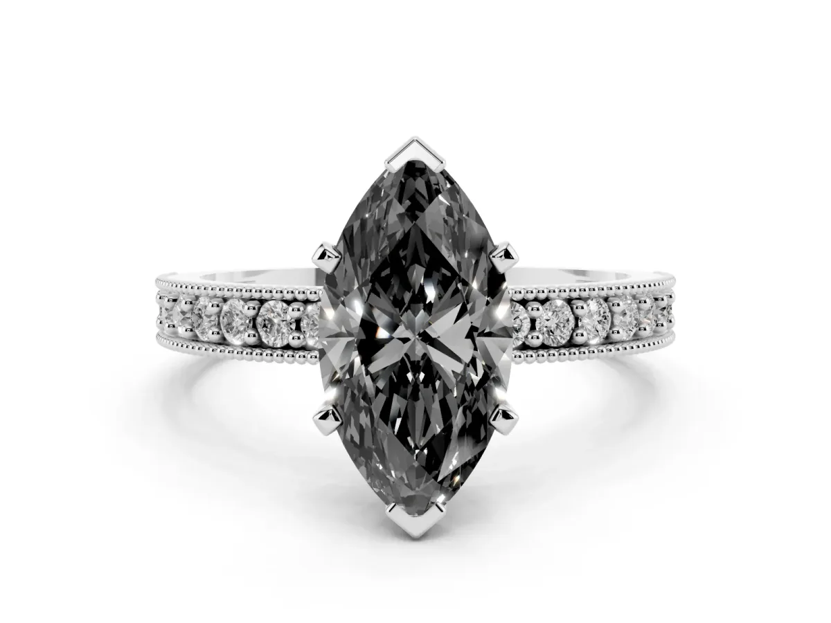 Fancy Black Marquise Cut Diamond Milgrain Pavé Engagement Ring with Four-Prong Setting Silver