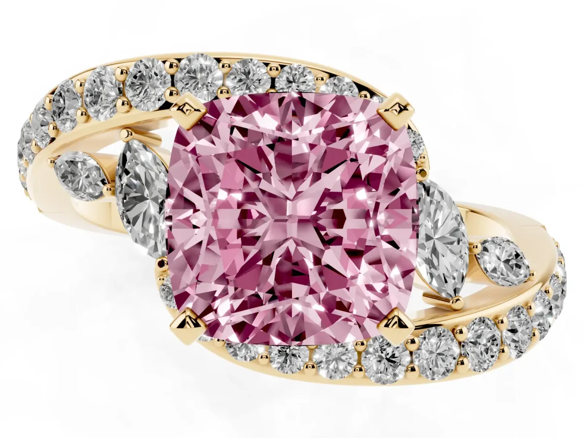 Fancy Pink Cushion Cut Diamond Solitaire Ring with Filigree Band and Four-Prong Setting Yellow gold