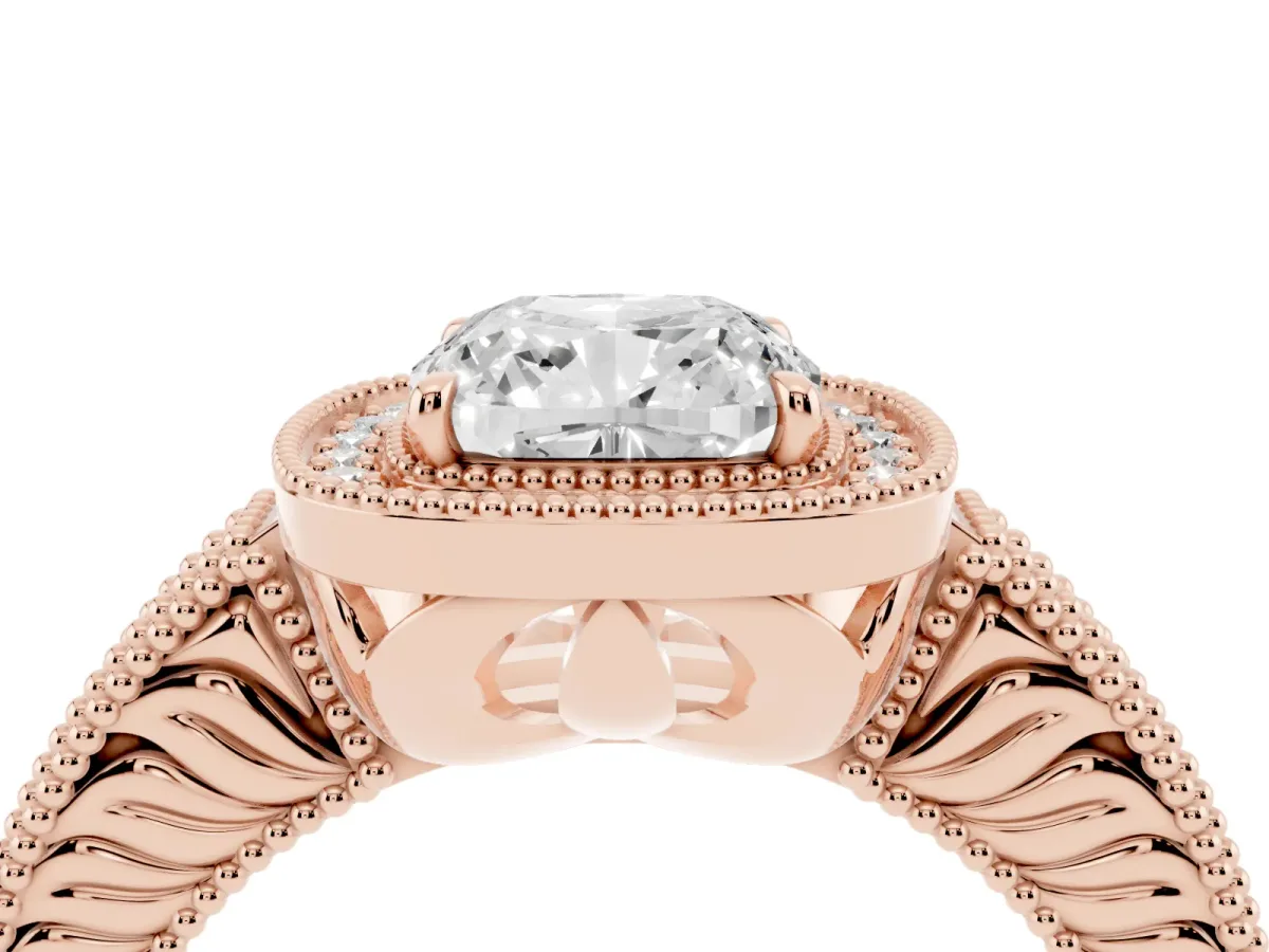 Cushion Cut Cut Halo Diamond Ring with Pavé Band and Four-Prong Setting Rose gold