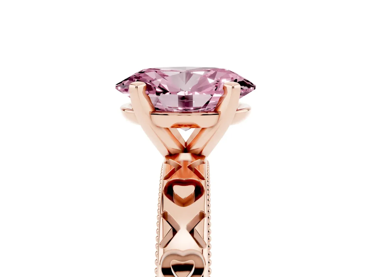 Fancy Pink Oval Cut Solitaire Diamond Engagement Ring with XO Engraved Band and Four-Prong Setting Rose gold