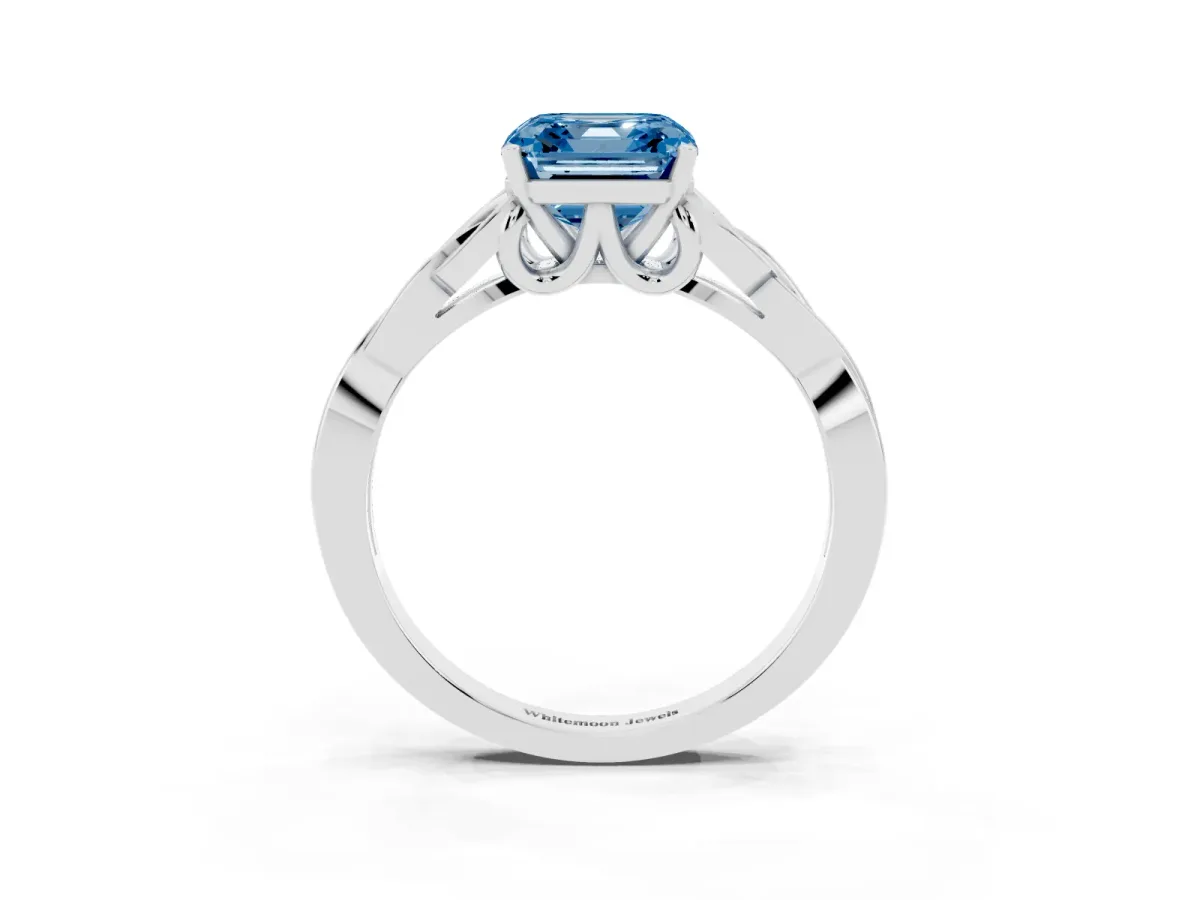 Fancy Blue Asscher Cut Diamond Solitaire Engagement Ring with Celtic Knot Band and Four-Prong Setting Silver