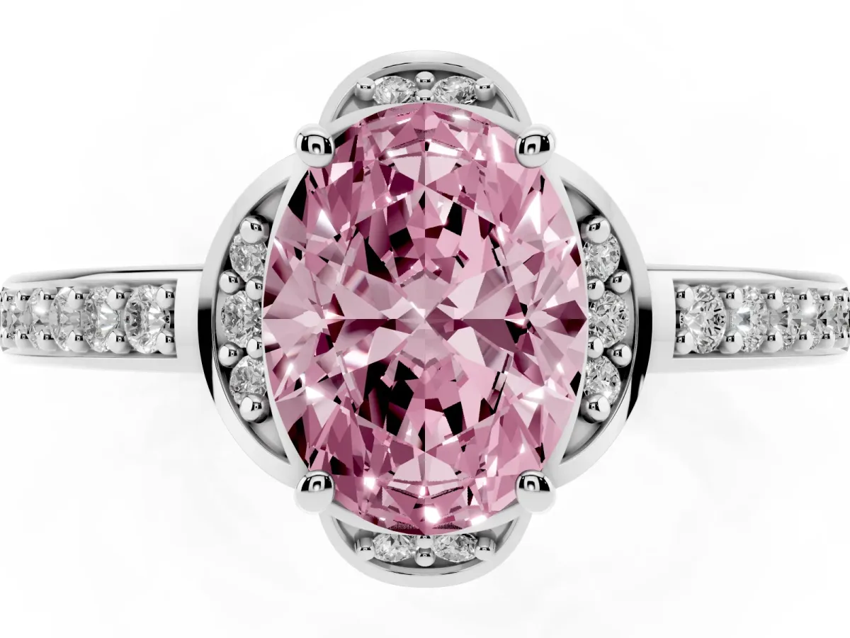Fancy Pink Oval Cut Cut Halo Diamond Ring with Channel Set Band and Four-Prong Setting Silver