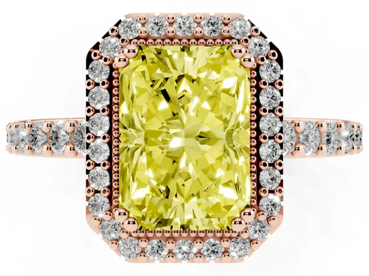 Fancy Yellow Radiant Cut Cut Diamond Halo Engagement Ring with Milgrain Detail and Pavé Band Rose gold