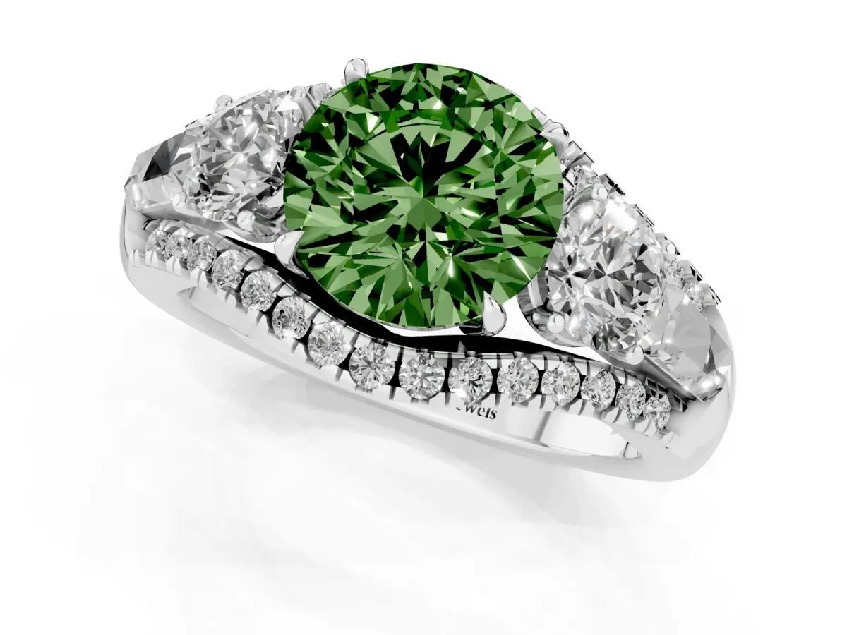 Fancy Green Three-Stone Round Cut Diamond Engagement Ring with Pave Band and Prong Setting Silver