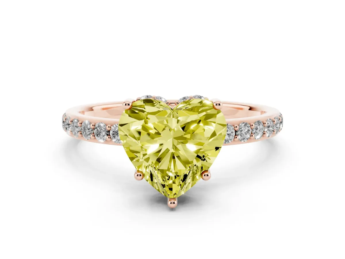 Fancy Yellow Heart Cut Diamond Solitaire Ring with Pavé Band and Hidden Halo Rose gold