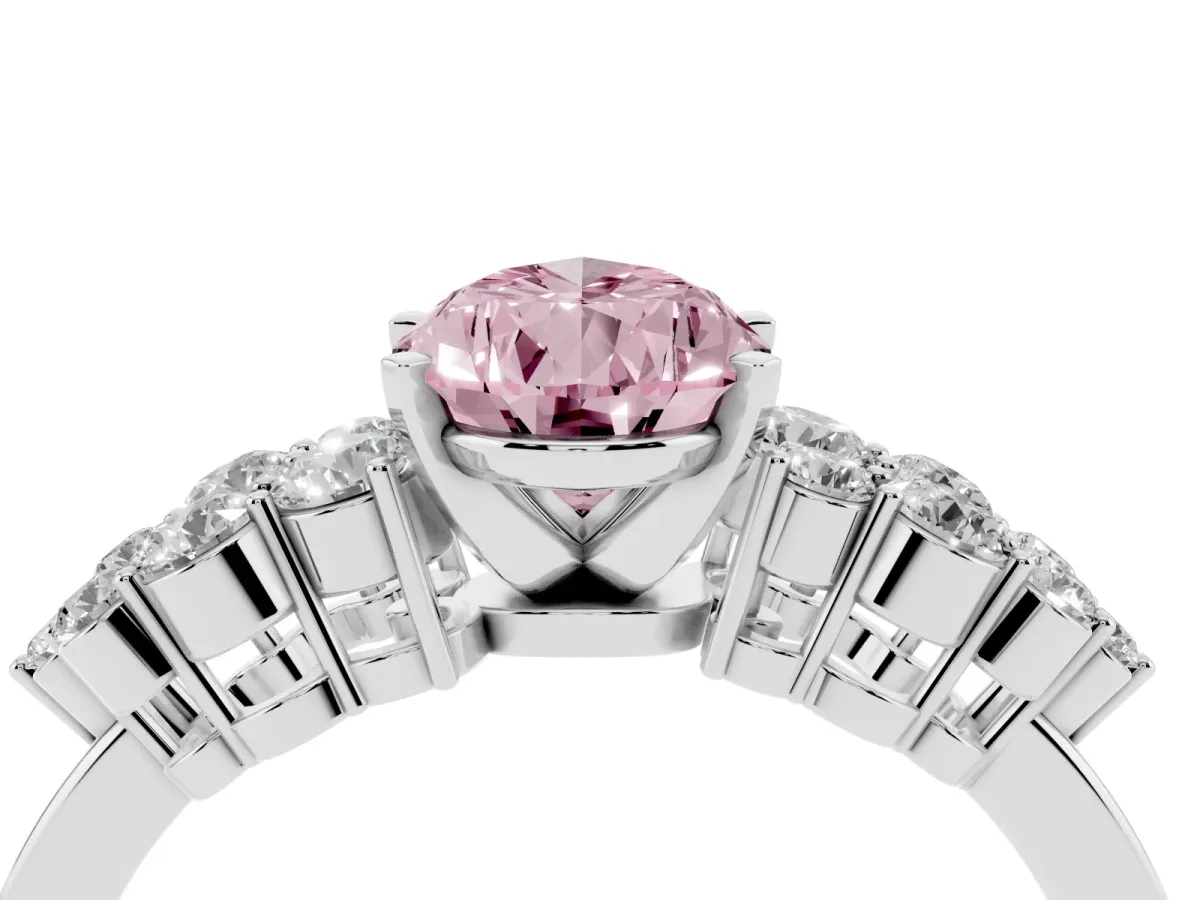 Fancy Pink Pear Cut Cluster Diamond Engagement Ring with Pavé Band and Four-Prong Setting Silver