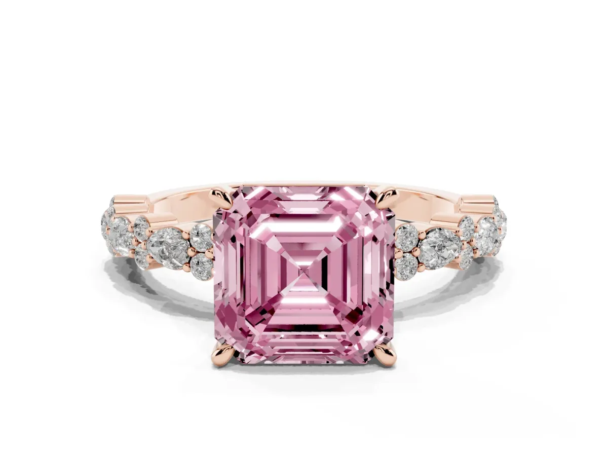Fancy Pink Asscher Cut Diamond Side Stone Solitaire Ring with Round and Four-Prong Setting Rose gold