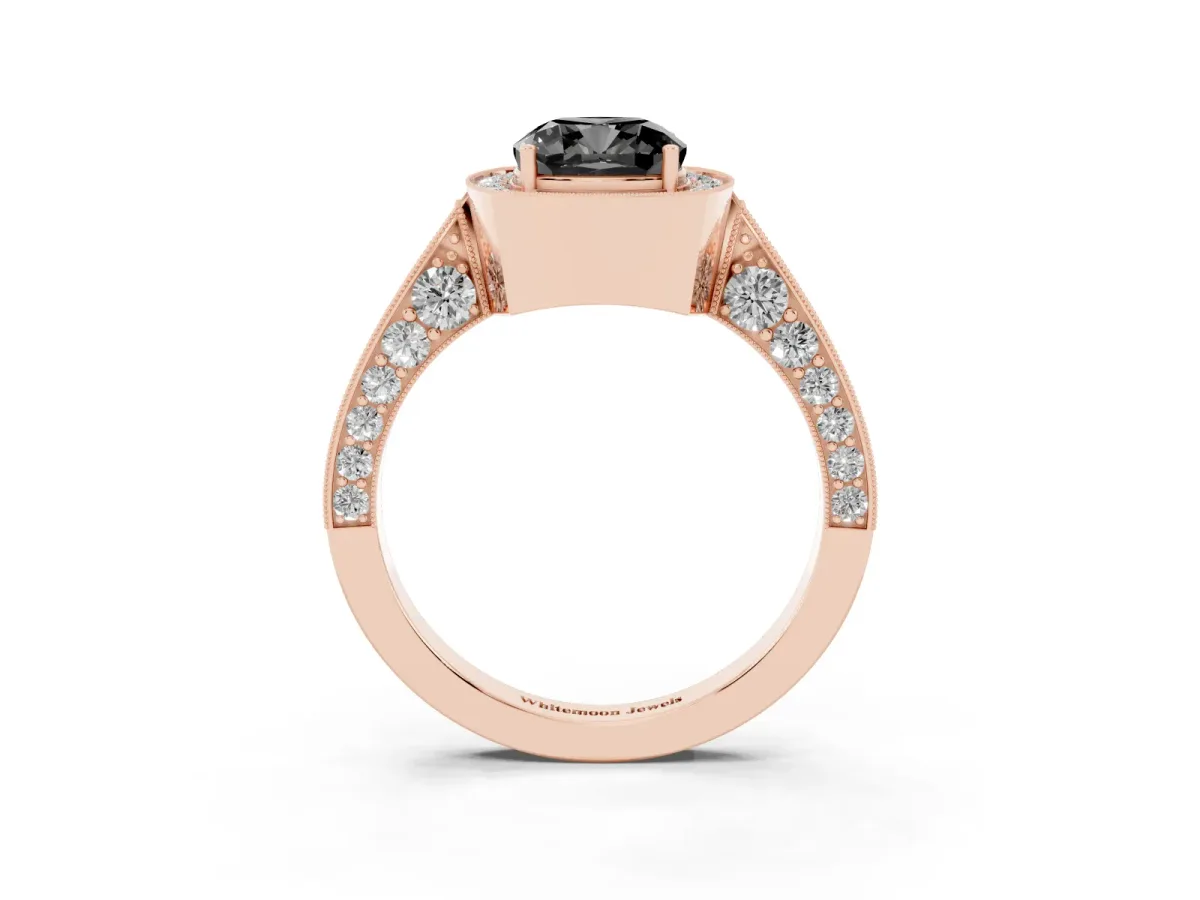 Fancy Black Cushion Cut Halo Diamond Engagement Ring with Split Shank Band and Four-Prong Setting Rose gold