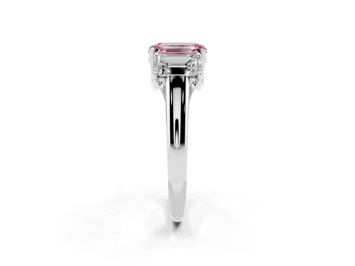 Fancy Pink Three-Stone Emerald Cut Diamond Engagement Ring with Prong Setting Platinum