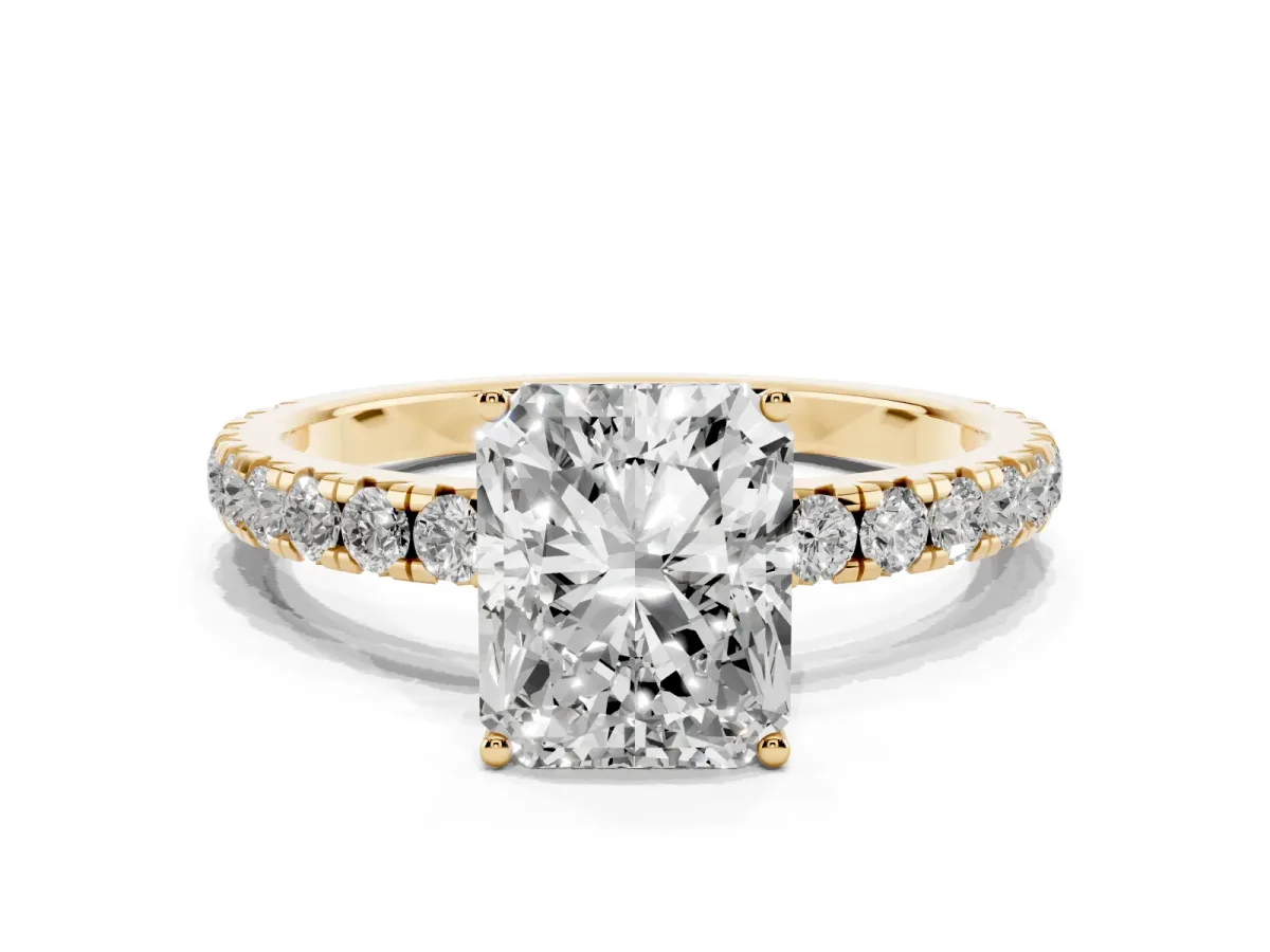 Radiant Cut Diamond Pavé Solitaire Engagement Ring with Four-Prong Setting Yellow gold