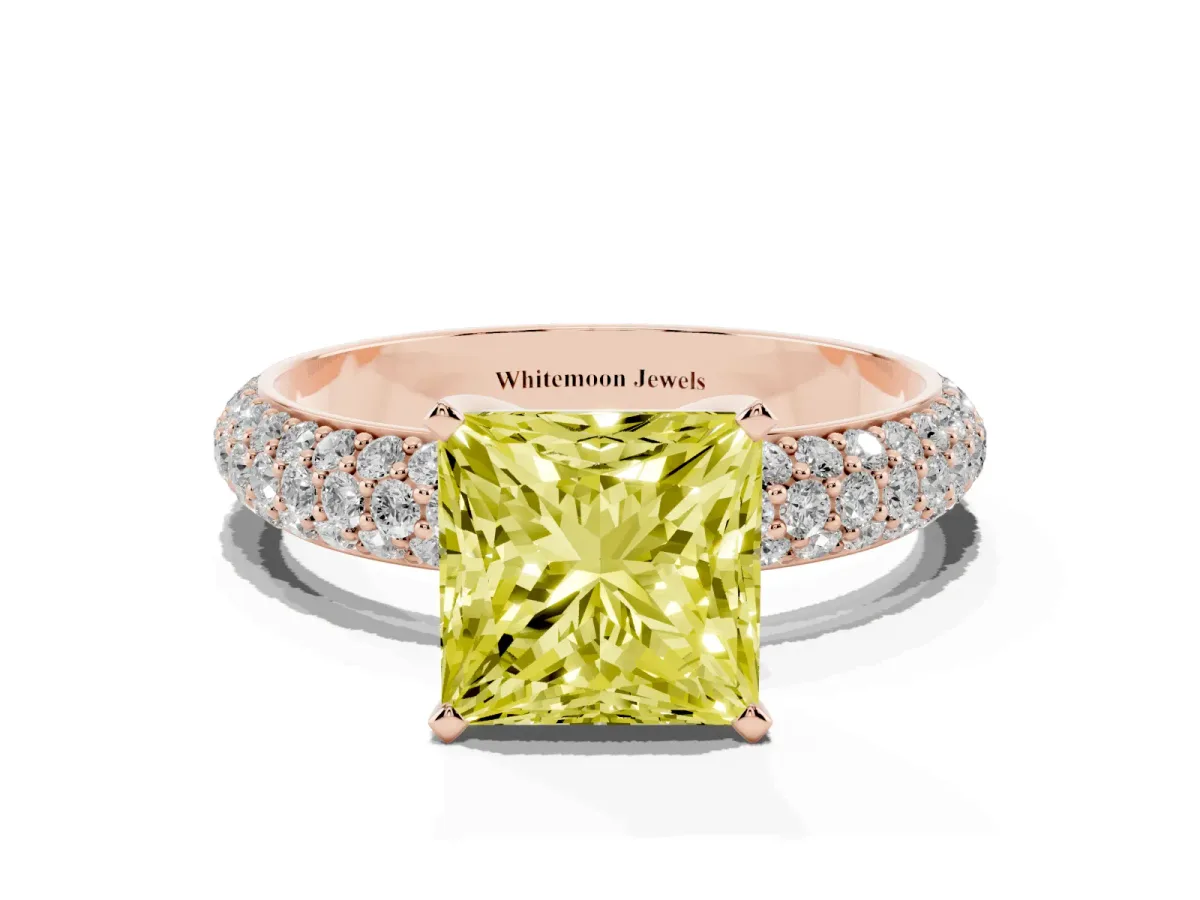 Fancy Yellow Princess Cut Diamond Solitaire Ring with Prong Setting and Pavé Band Rose gold