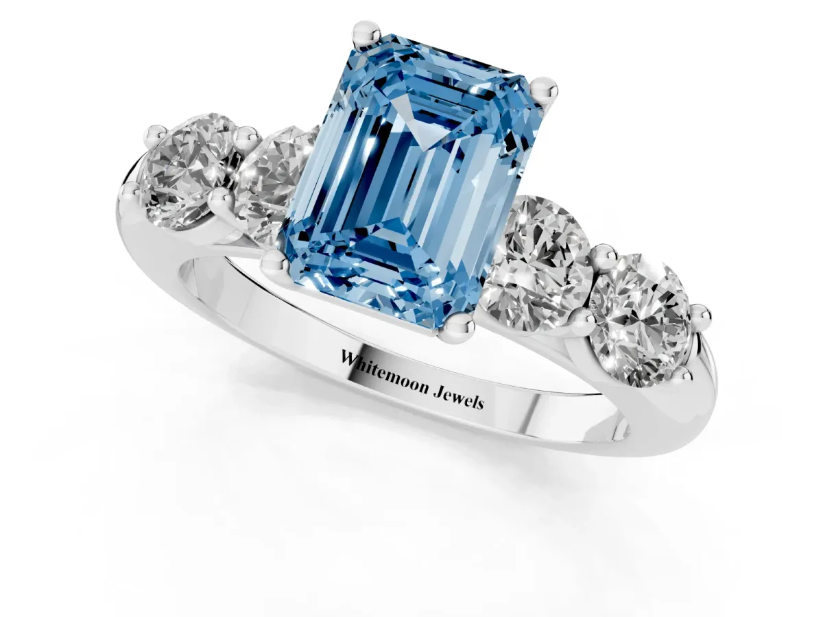 Fancy Blue Emerald Cut Cut Five-Stone Prong Set Diamond Ring with Classic Band Silver