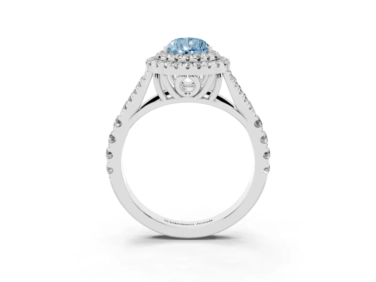 Fancy Blue Pear Cut Cut Double Halo Split Shank Diamond Ring with Prong Setting Silver