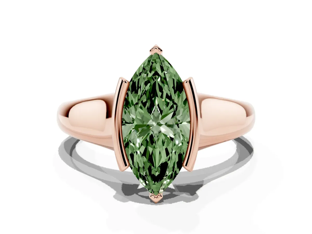 Fancy Green Marquise Cut Solitaire Tension Set Diamond Ring with Split Shank Band Rose gold