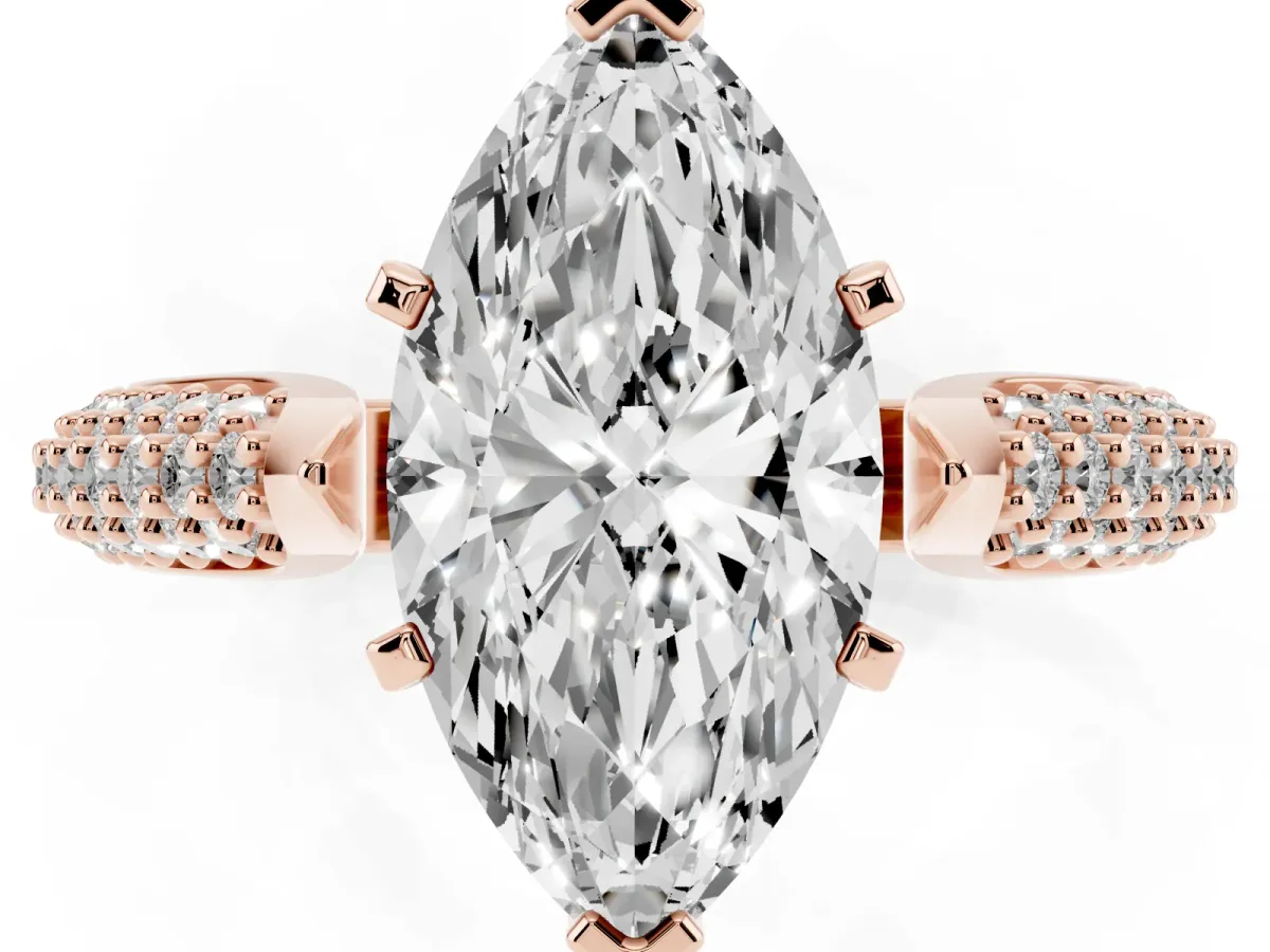 Marquise Cut Diamond Solitaire Engagement Ring with Multi-Row Round Pavé Band and Prong Setting Rose gold