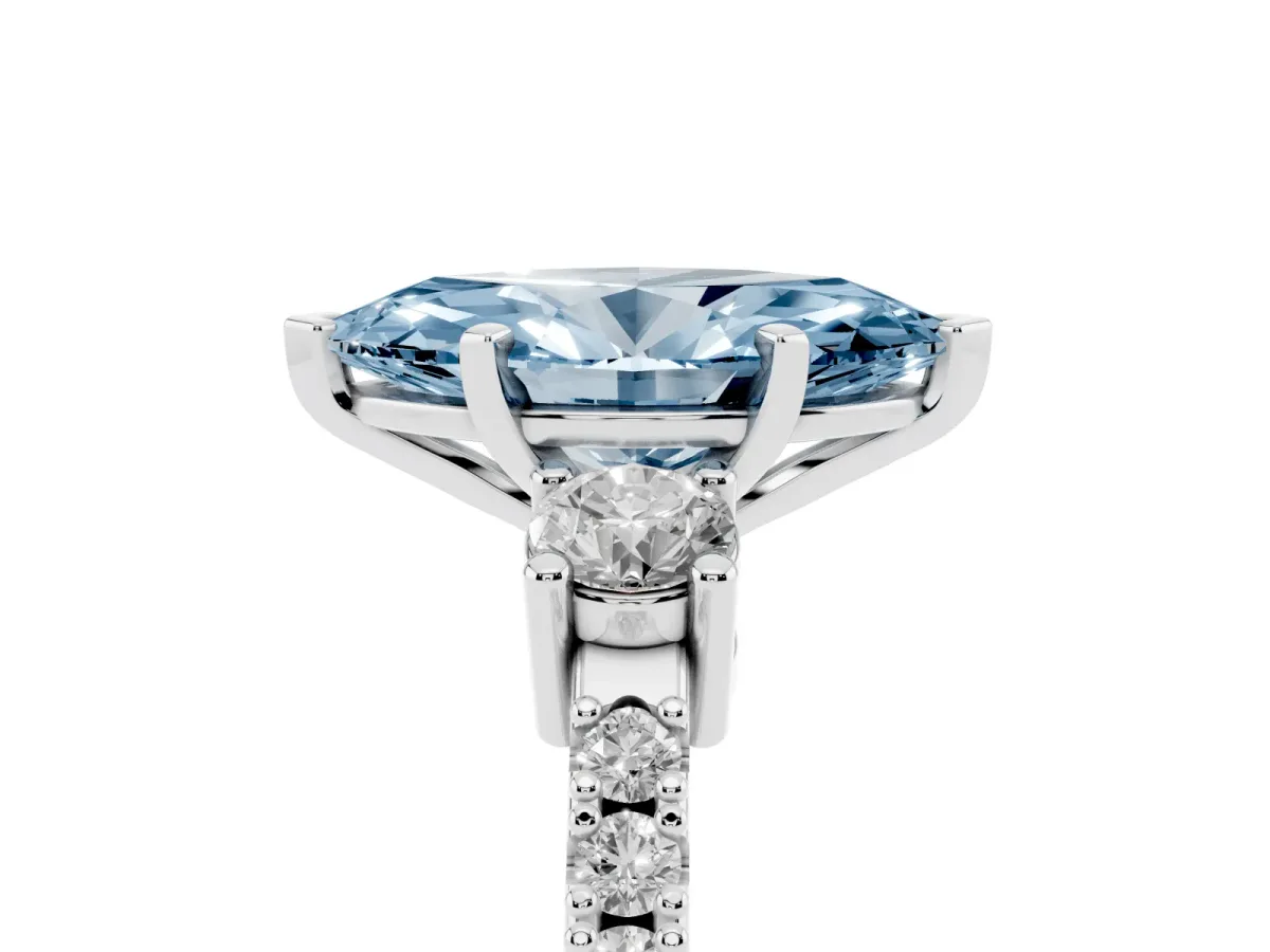 Fancy Blue Marquise Cut Three-Stone Diamond Pavé Band with Prong Setting Silver
