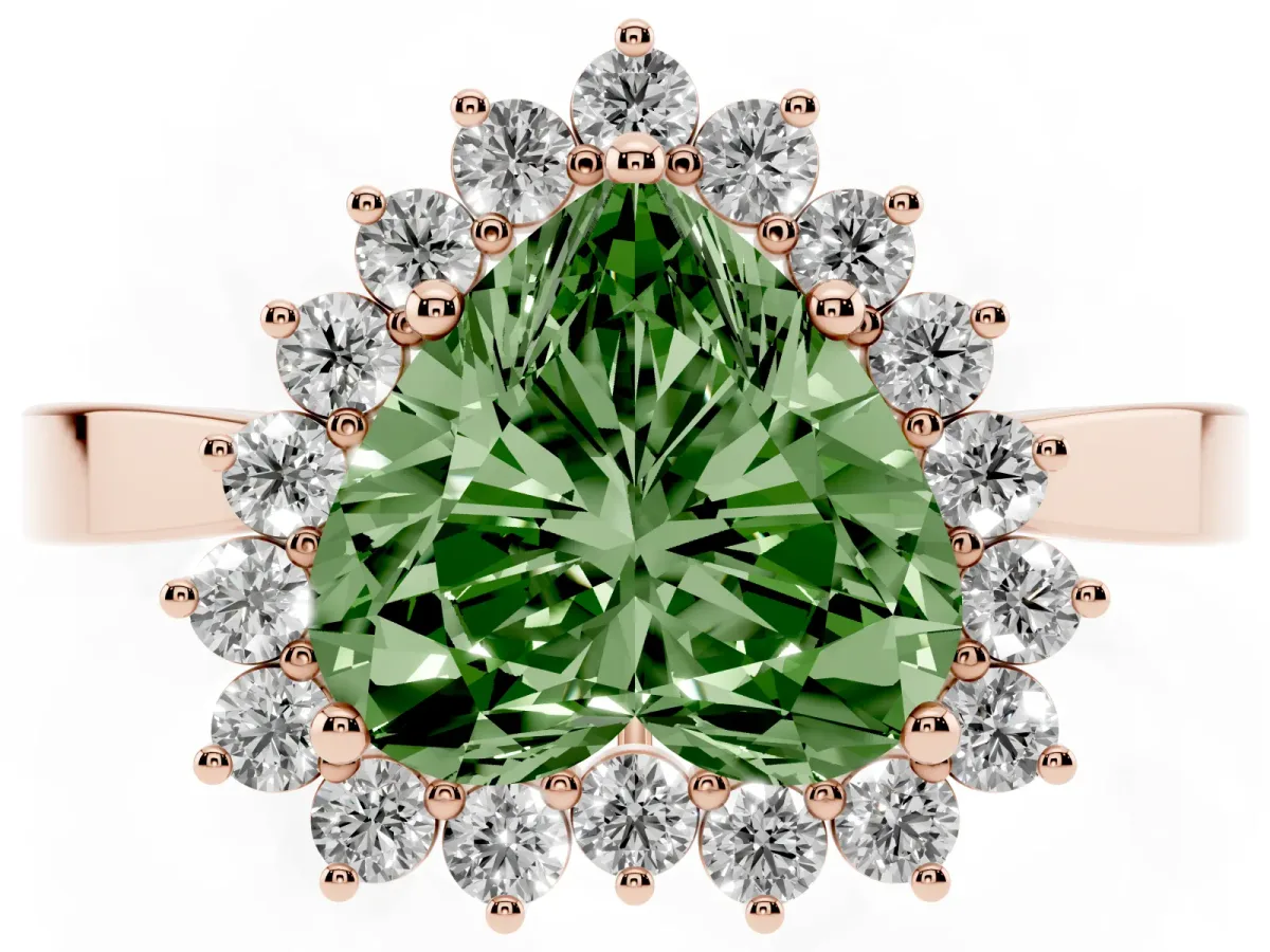 Fancy Green Heart Cut Cut Diamond Halo Ring with Round Brilliant Halo and Solitaire Band Rose gold