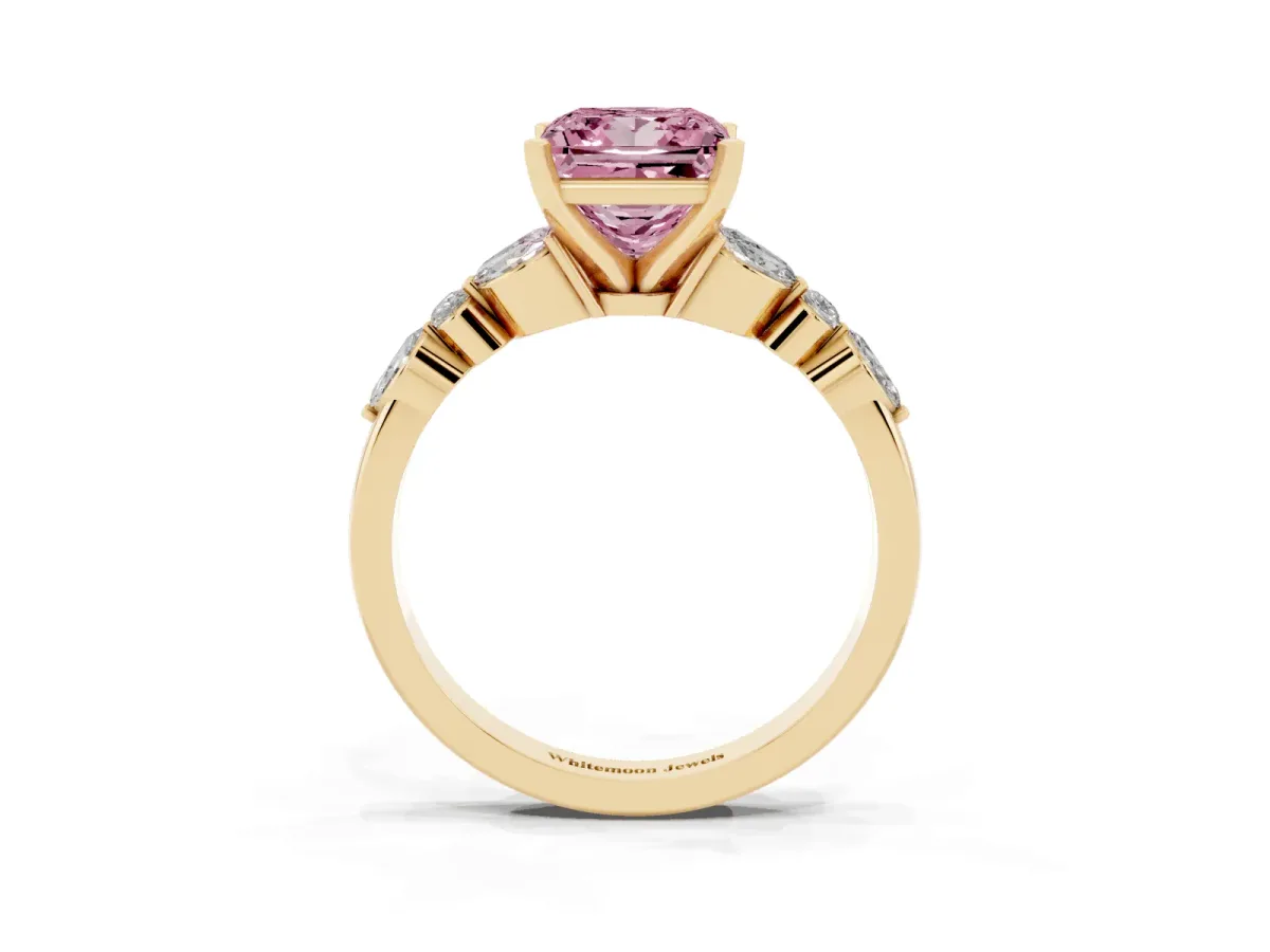 Fancy Pink Princess Cut Diamond Solitaire Ring with Side Stones and Four-Prong Setting Yellow gold