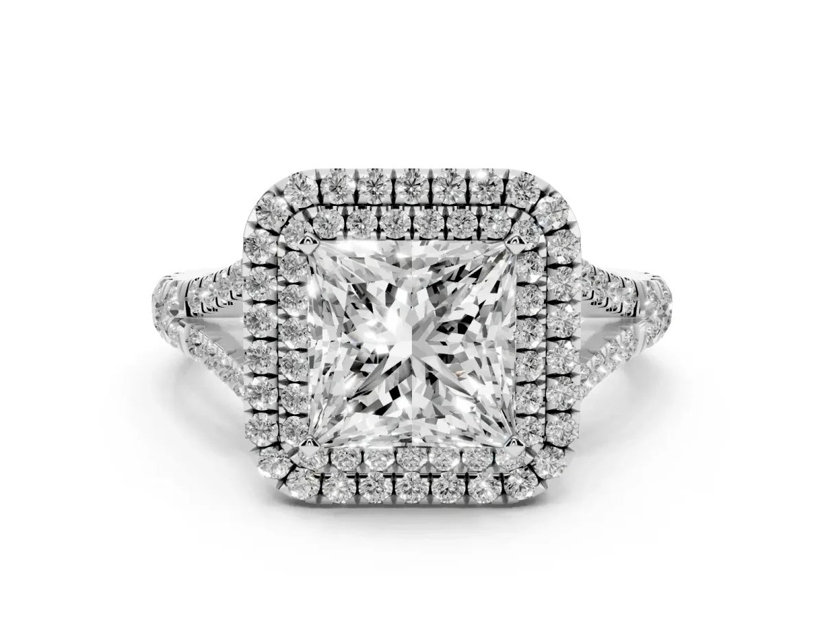 Princess Cut Diamond Double Halo Ring with Split Shank and Prong Setting Platinum