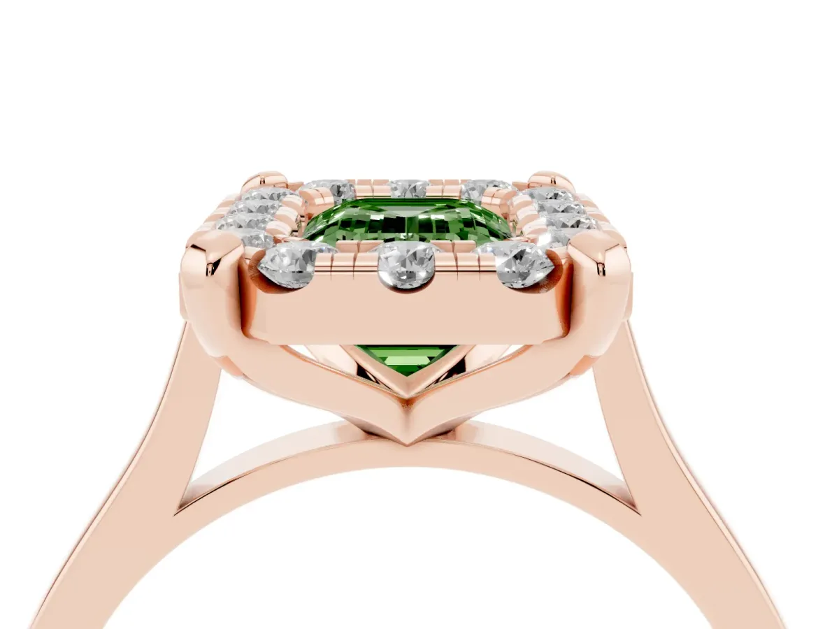 Fancy Green Emerald Cut Diamond Cluster Halo Solitaire with Four-Prong Setting Rose gold