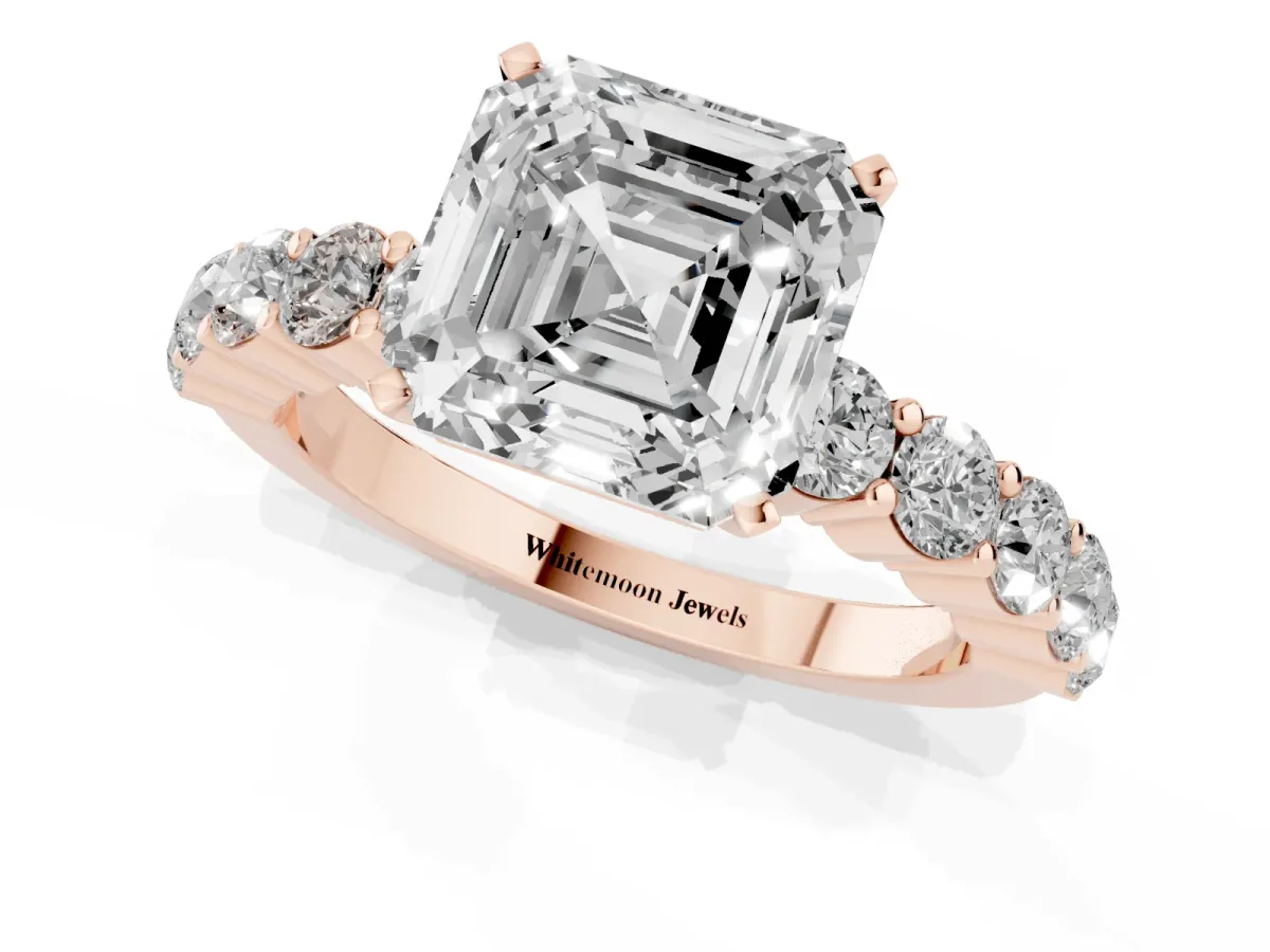 Asscher Cut Diamond Solitaire Ring with Shared Prong Round Side Stones Rose gold