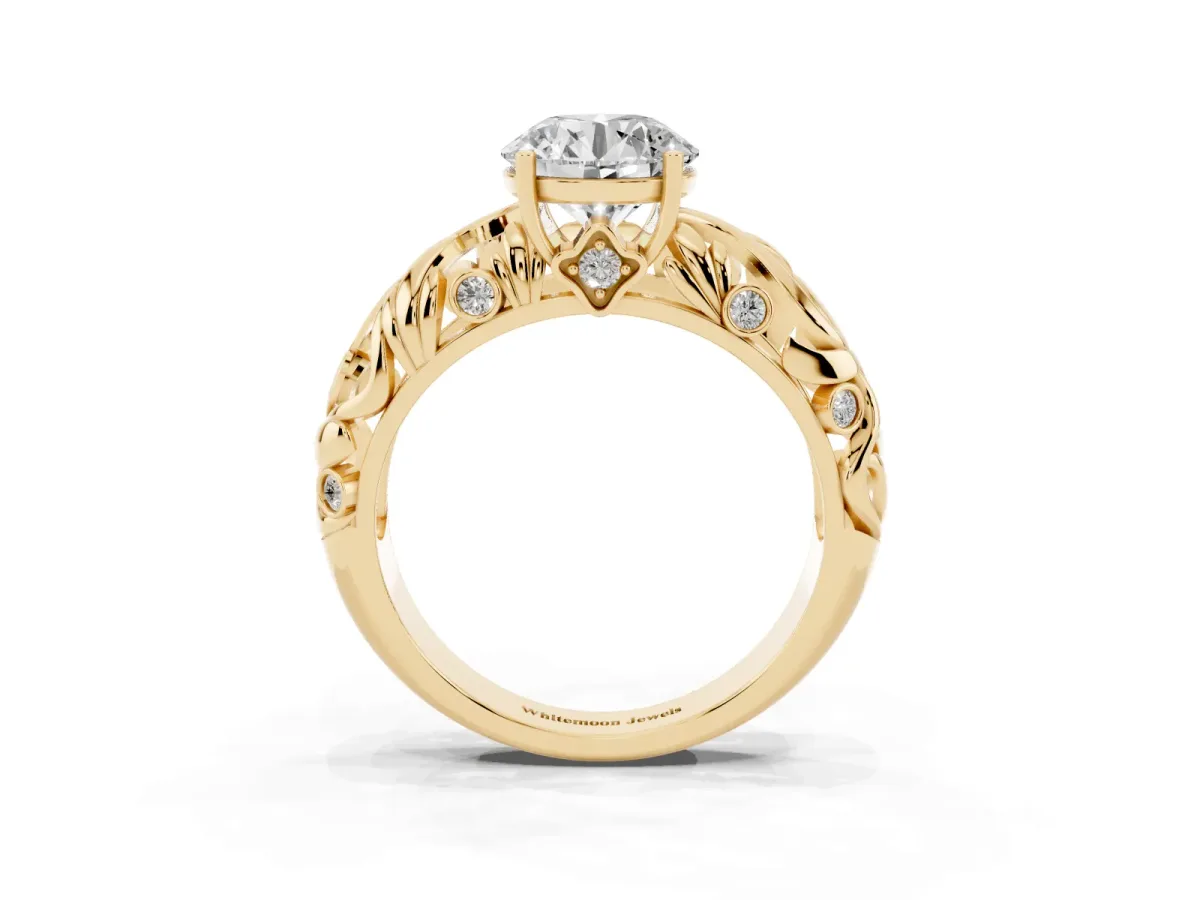 Round Cut Solitaire Diamond Leaf-Inspired Vine Band Ring with Prong Setting Yellow gold