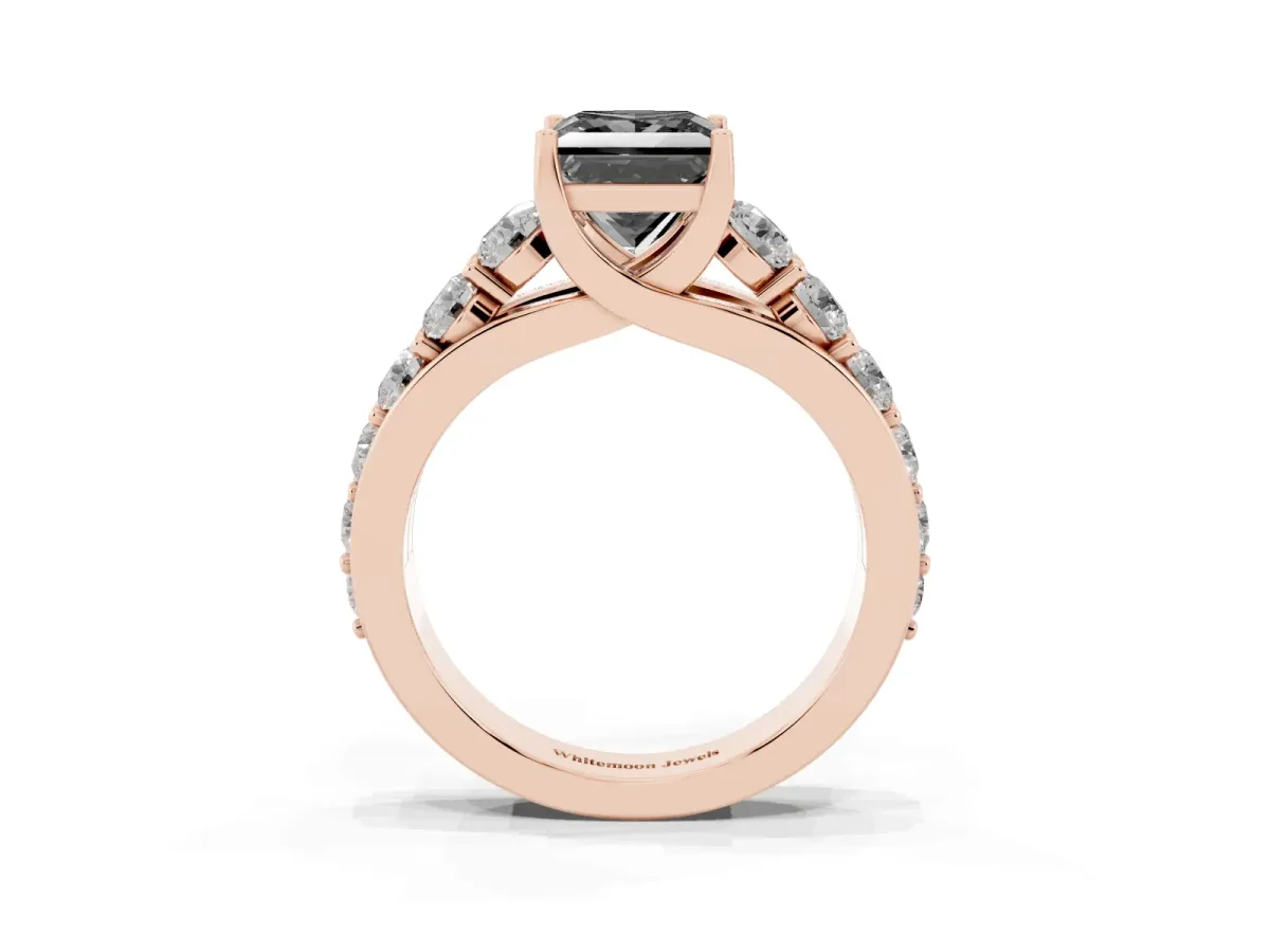 Fancy Black Princess Cut Diamond Engagement Ring with Pavé Band and Four-Prong Setting Rose gold