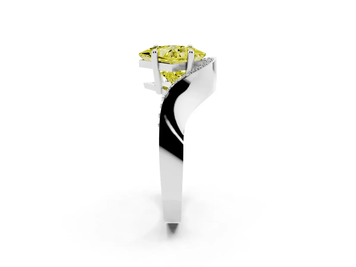 Fancy Yellow Princess Cut Solitaire Diamond Engagement Ring with Pave Band and Four-Prong Setting Silver