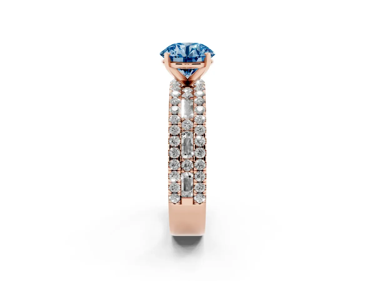Fancy Blue Round Cut Diamond Solitaire Ring with Pavé and Channel Set Band Rose gold