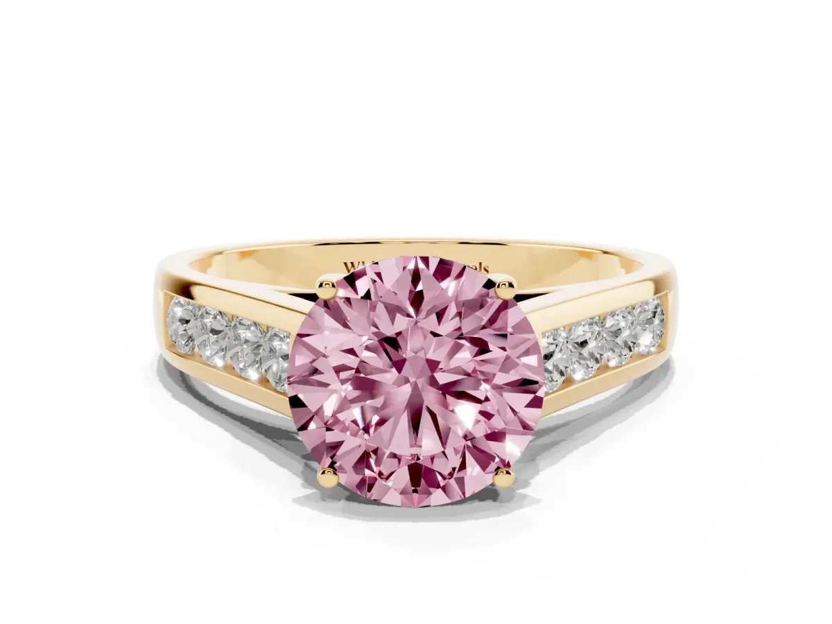 Fancy Pink Round Cut Brilliant Channel-Set Solitaire Ring with Four-Prong Setting Yellow gold