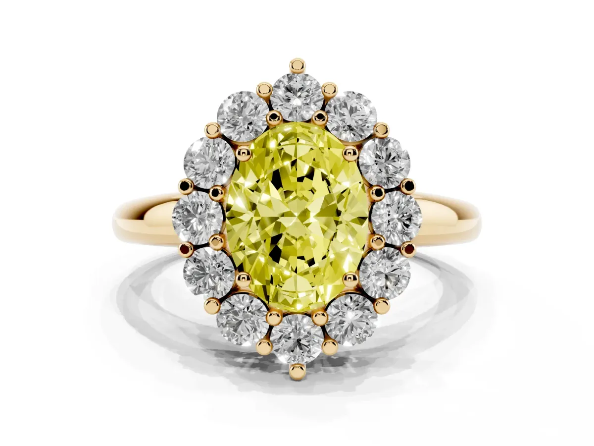 Fancy Yellow Oval Cut Halo Cluster Diamond Engagement Ring with Prong Setting and Polished Band Yellow gold
